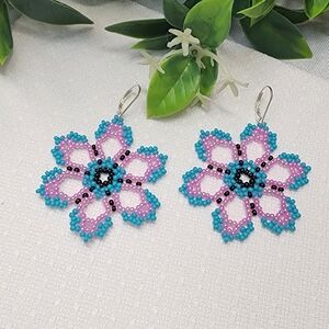Vibrant Floral Beaded Earrings - Pink and Blue